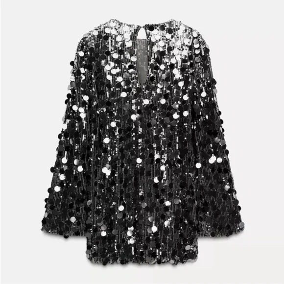 Zara Silver Sequin Long Sleeve Dress - Picture 5 of 10